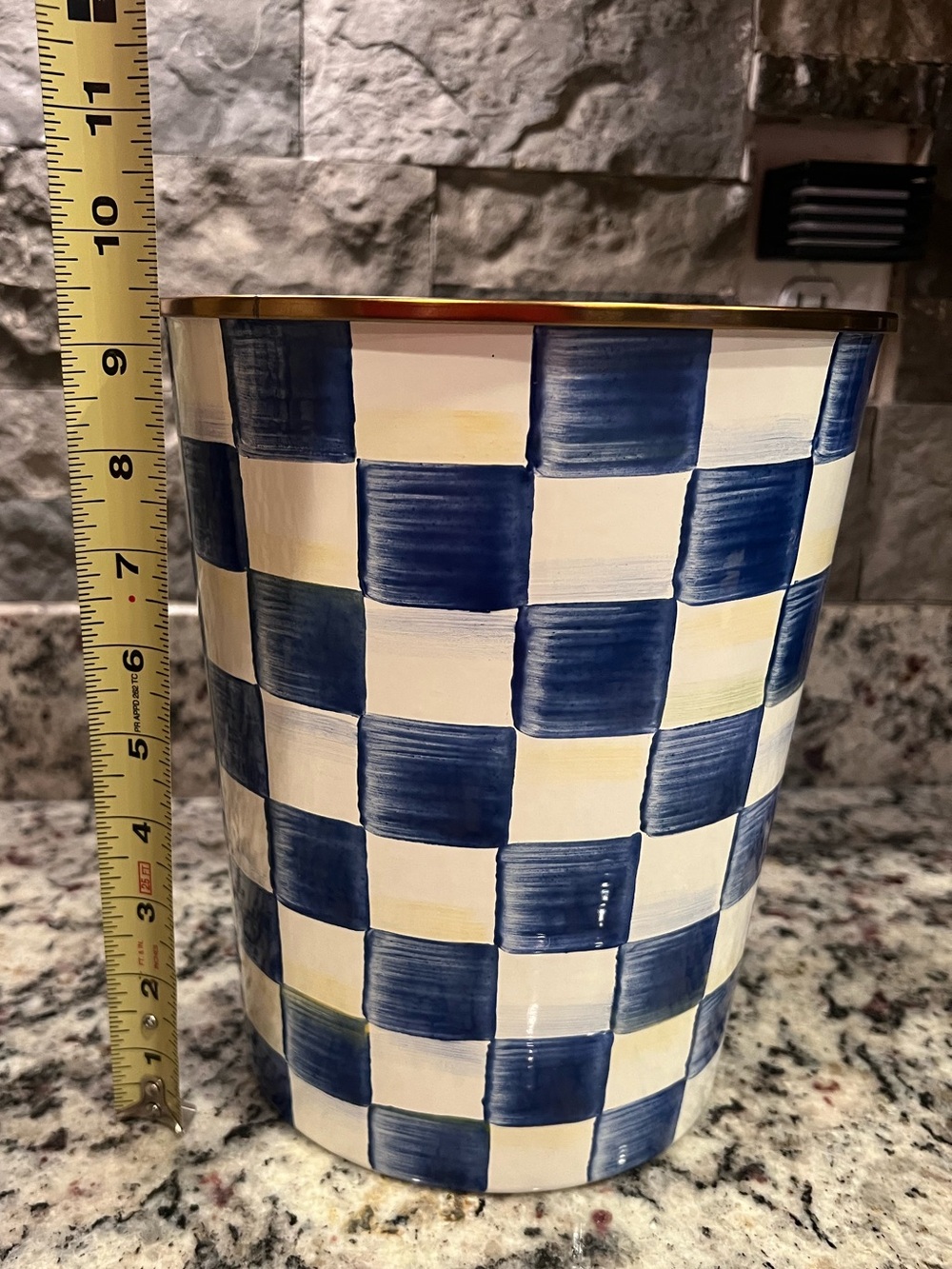 Mackenzie-Childs Royal Check Waste Bin - Trash Can. Great used condition. - Picture 7 of 8